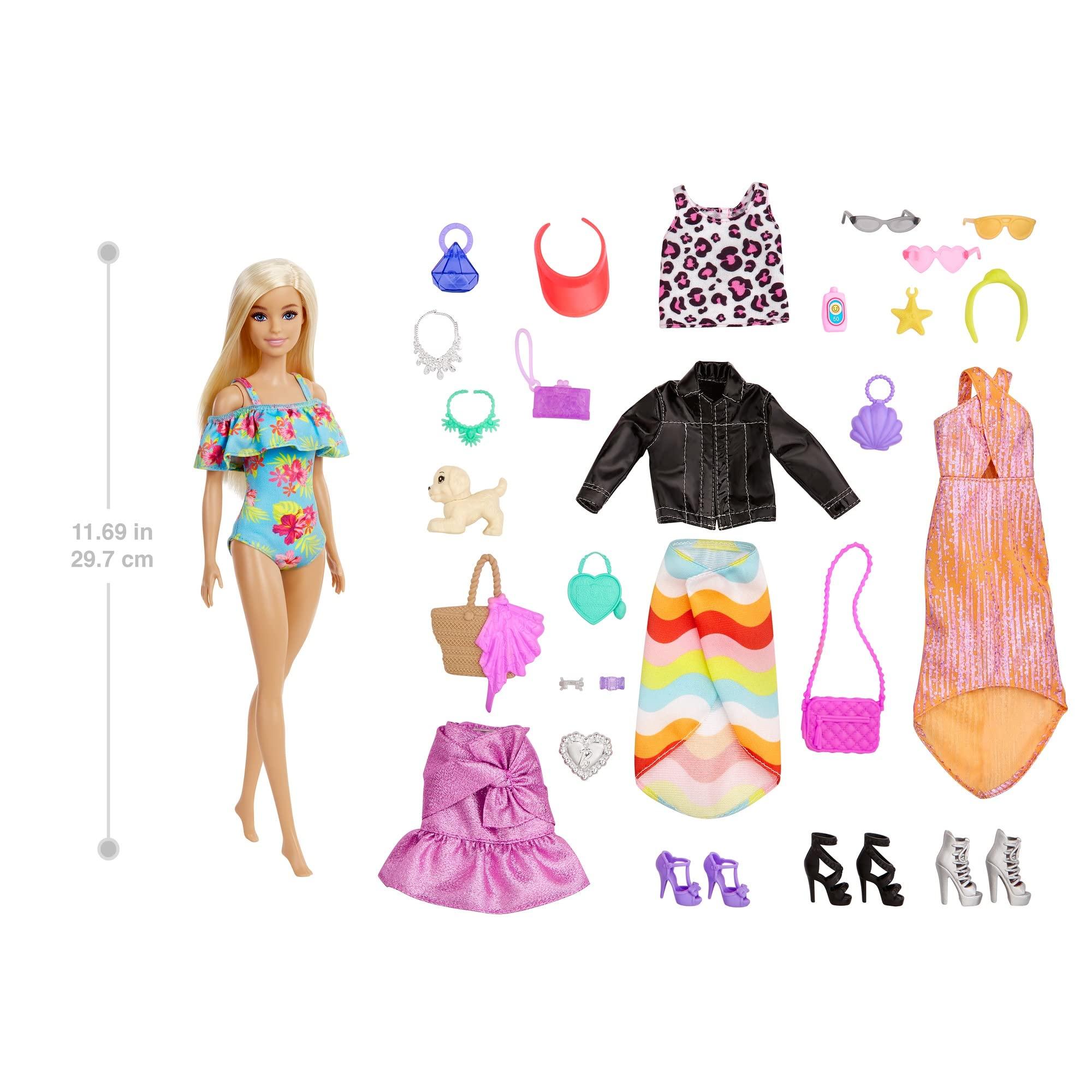 Barbie Barbie Advent Calendar with Barbie Doll (12-in), 24 Surprises Including Day-to-Night Trendy Clothing & Accessories, Festive Holiday Themed Packaging for Kids 3 to 7 Years Old