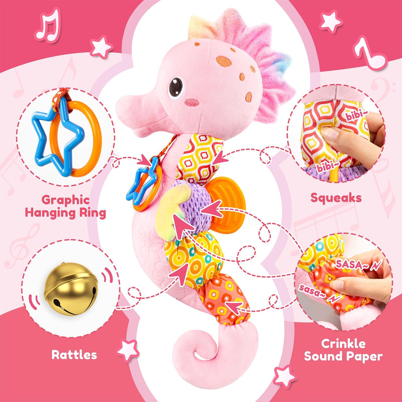 AWOTOY AWOTOY Baby Toys 0 to 12 Months, Musical Stuffed Animal Activity Soft Toys with Multi-Sensory Crinkle, Rattle and Textures,Infant Tummy Time Toys for Newborn Girls, Seahorse, Pink