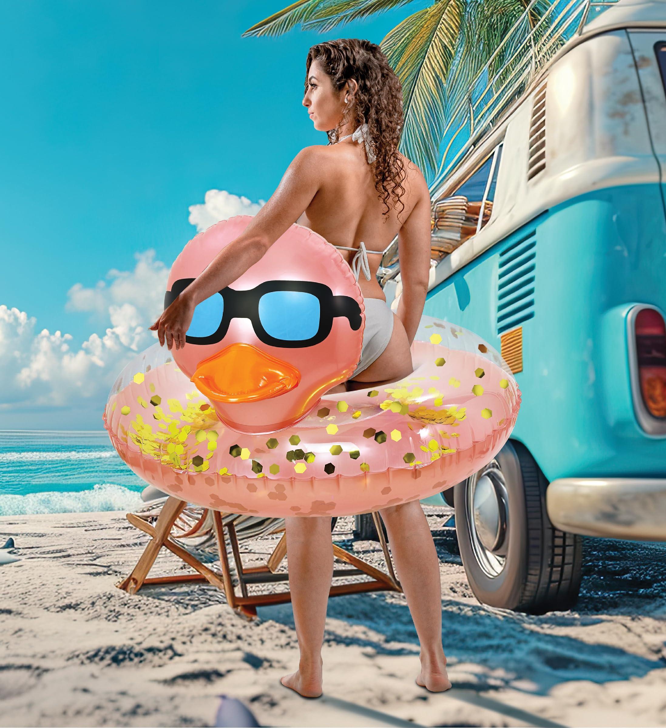 POZA POZA Inflatable Duck Pool Float Tube- Heavy Duty Vinyl UV Resistant Confetti Pool Duck Floatie, Animal Pool Float Swim Ring Pool Inflatables for Kids and Adults for Beach, Party, Vacation - Rose Gold