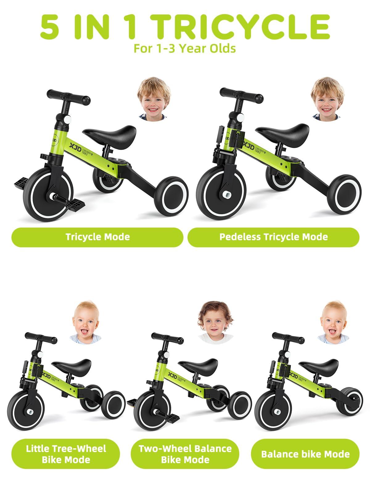 XJD XJD 5 in 1 Toddler Bike, Tricycle for Toddlers 1-3 with Adjustable Seat Height, Removable Pedals, Ideal Balance Bike Birthday Gifts and Toys for Boys and Girls (Green)