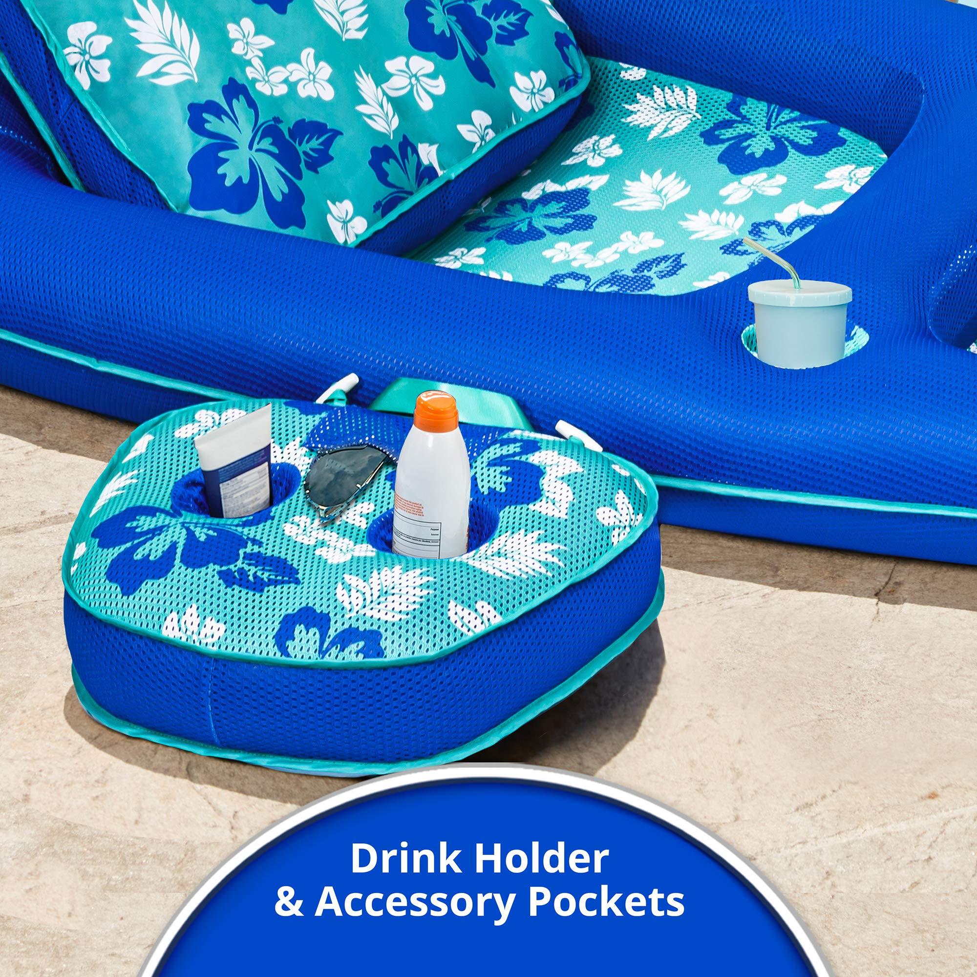 Aqua LEISURE Aqua Campania Ultimate 2-in-1 Pool Float Lounge Extra Large Inflatable Pool Floats for Adults with Adjustable Backrest & Cupholder Caddy Teal Hibiscus