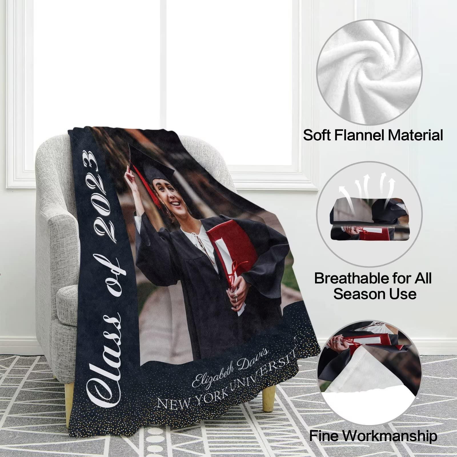 KEPMOV Graduation Blanket 2023 Personalized with Photo, Custom Class of 2023 Graduation Blankets with Photos Text College Name and Text Unique Customized Graduation Gift for Family Friends, 40 x 50 Inches