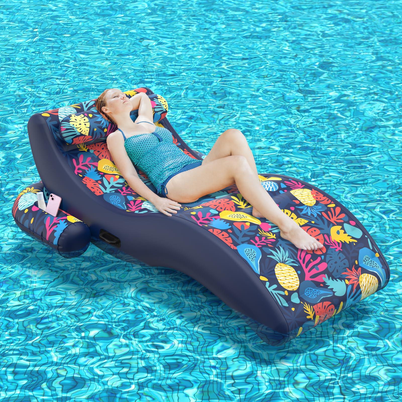 Sunikko X Sunikko X 2-in-1 Pool Floats, Inflatable Pool Floats Adult Lounge Chair with Cup Holder Tanning Pool Float, Heavy Duty Water Float Raft for Pool Floating with Pillow, Hawaii Style