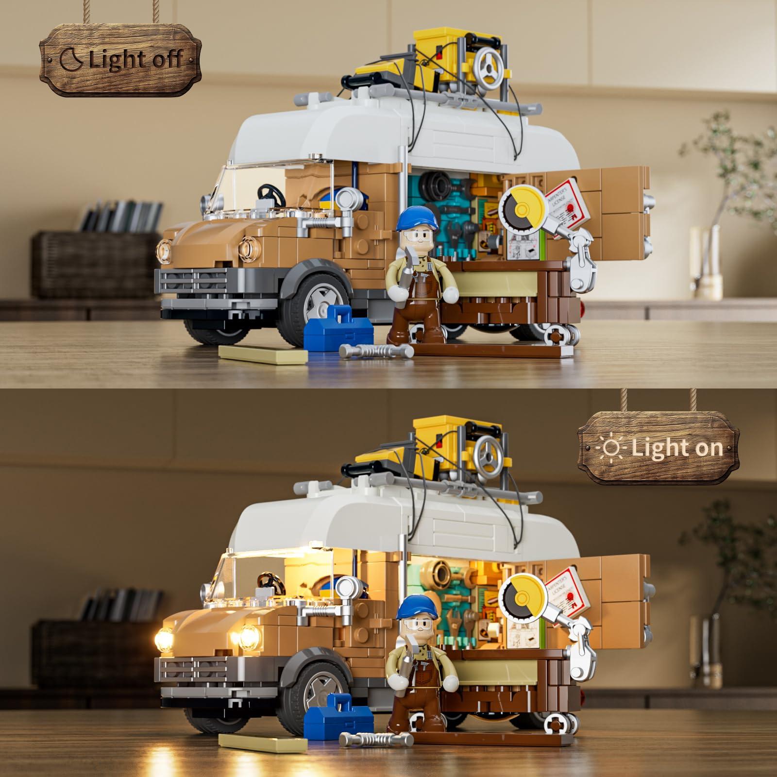 FUNWHOLE FUNWHOLE Carpentry Van Lighting Building-Bricks Set - Farm Woodworker Car Collectible Display Set 496 Pcs for Adults and Teen