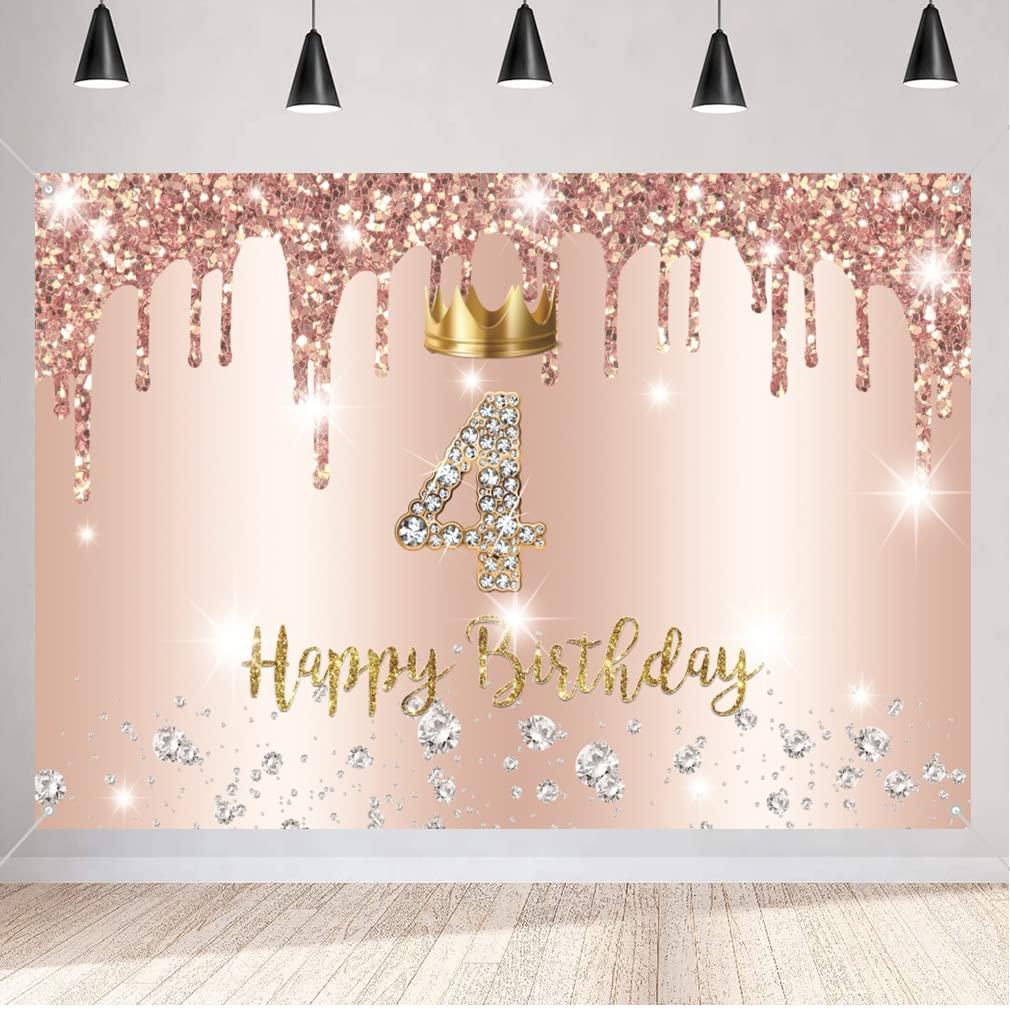 Tecreo Happy 4th Birthday Decorations Backdrop Banner for Girls 4 Years Old Fabric Sign Poster Rosegold Photography Background 4th Birthday Party Supplies, 59\"x35.4\"