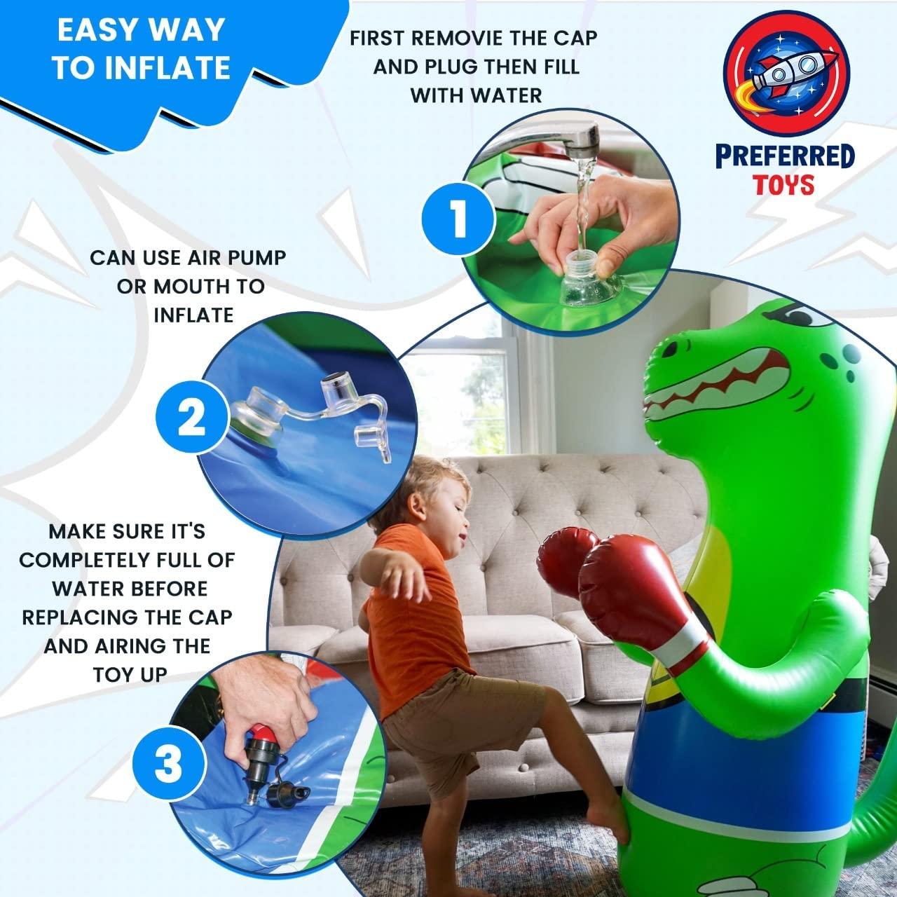 Preferred Toys Inflatable Punching Bag for Kids Set - Bop Bag Inflatable Punching Toy Bundle- Inflatable Dinosaur with Instant Bounce Back Movement - Bottom Space Can Use Both Sand and Water (47 Height)