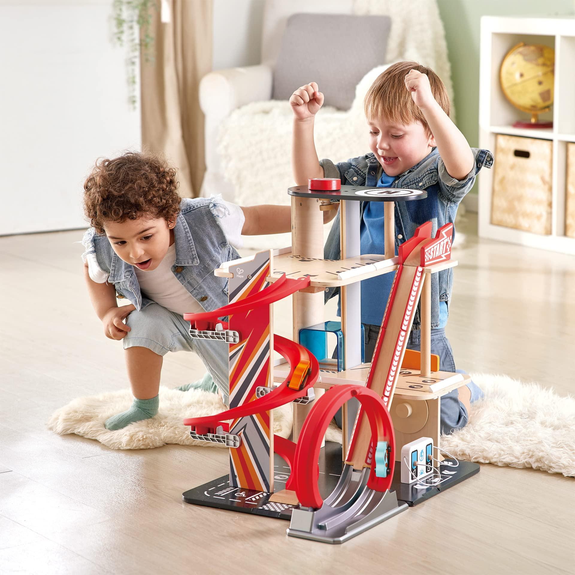 Hape Hape Gearhead Stunt Garage Kids Wooden Toy Car Parking Garage Playset w/Elevator and 2 Exit Tracks, Detachable Loop, Includes 2 Wooden Toy Racecars