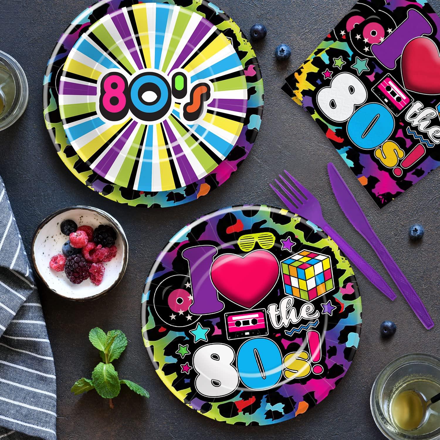 HIPVVILD HIPVVILD 80\'s Party Decorations Tableware - 80\'s Theme Party Supplies, 80s Decorations Dinnerware, Paper Plates, Napkins, Tablecloth, Forks, 80s Birthday Party Decorations and Supplies | Serve 24