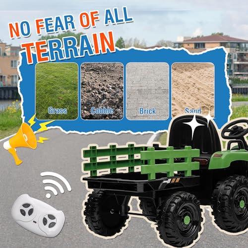Feetice Tractor Toys, Ride on Tractor with Trailer, 24V 400W Powered Electric Tractor Remote Control, Music Bluetooth and USB Support, Electric Car for Kids, 3 Speed Adjustable, Two-Point Safety Belt, Green