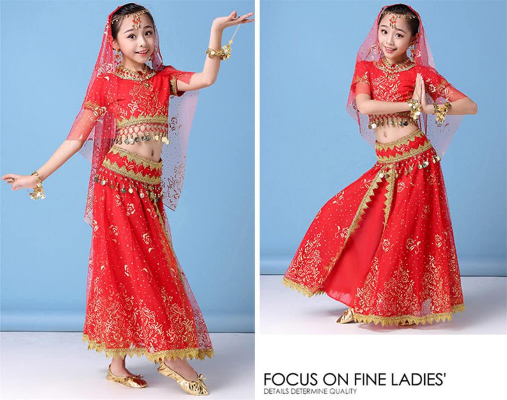 OTMYIGO OTMYIGO Girls Belly Dance Competition Costume, Party Fancy Dress Carnival Outfit Girl Arabian Princess Indian Clothes,Red,M