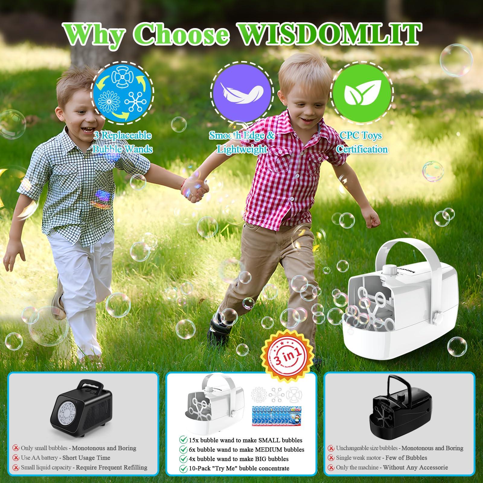 Wisdomlit Bubble Machine, Automatic Bubble Blower, 8000+ Big Bubbles Per Minute, Bubble Maker for Kids Toddlers, Operated by Plug-in or Batteries, Bubble Toys for Indoor Outdoor Birthday Party