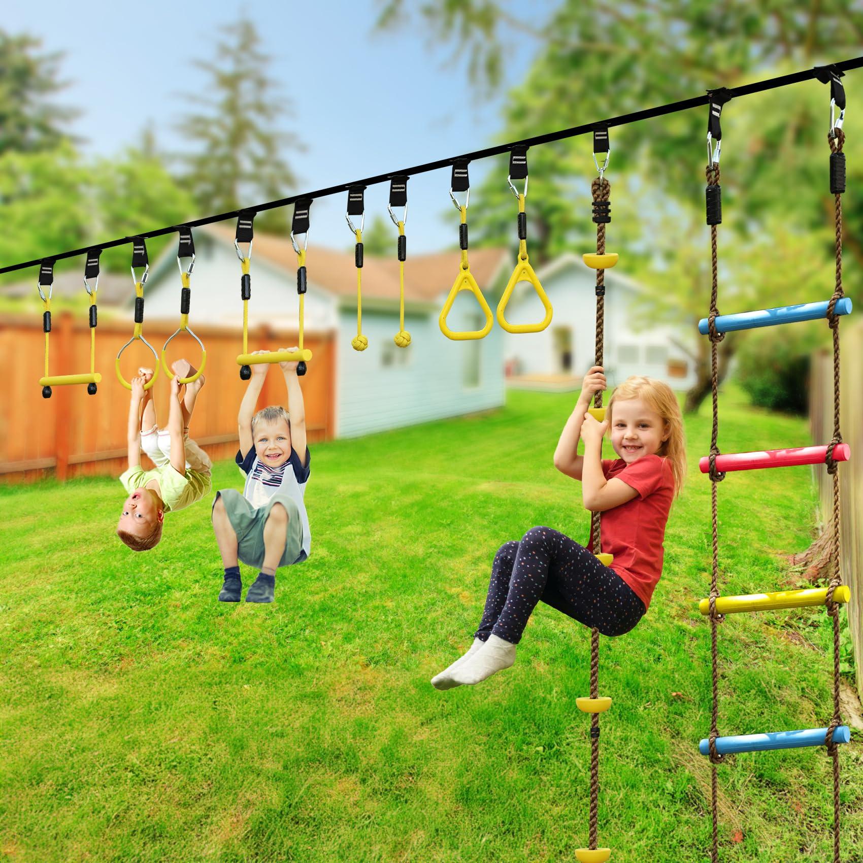 ninja line NINJA LINE 2X65FT Ninja Warrior Obstacle Course for Kids - Ninja Slackline with 14 Obstacles - Ninja Course for Kids with Swing, Ladder,Monkey Bar,Arm Trainer, Climbing Rope