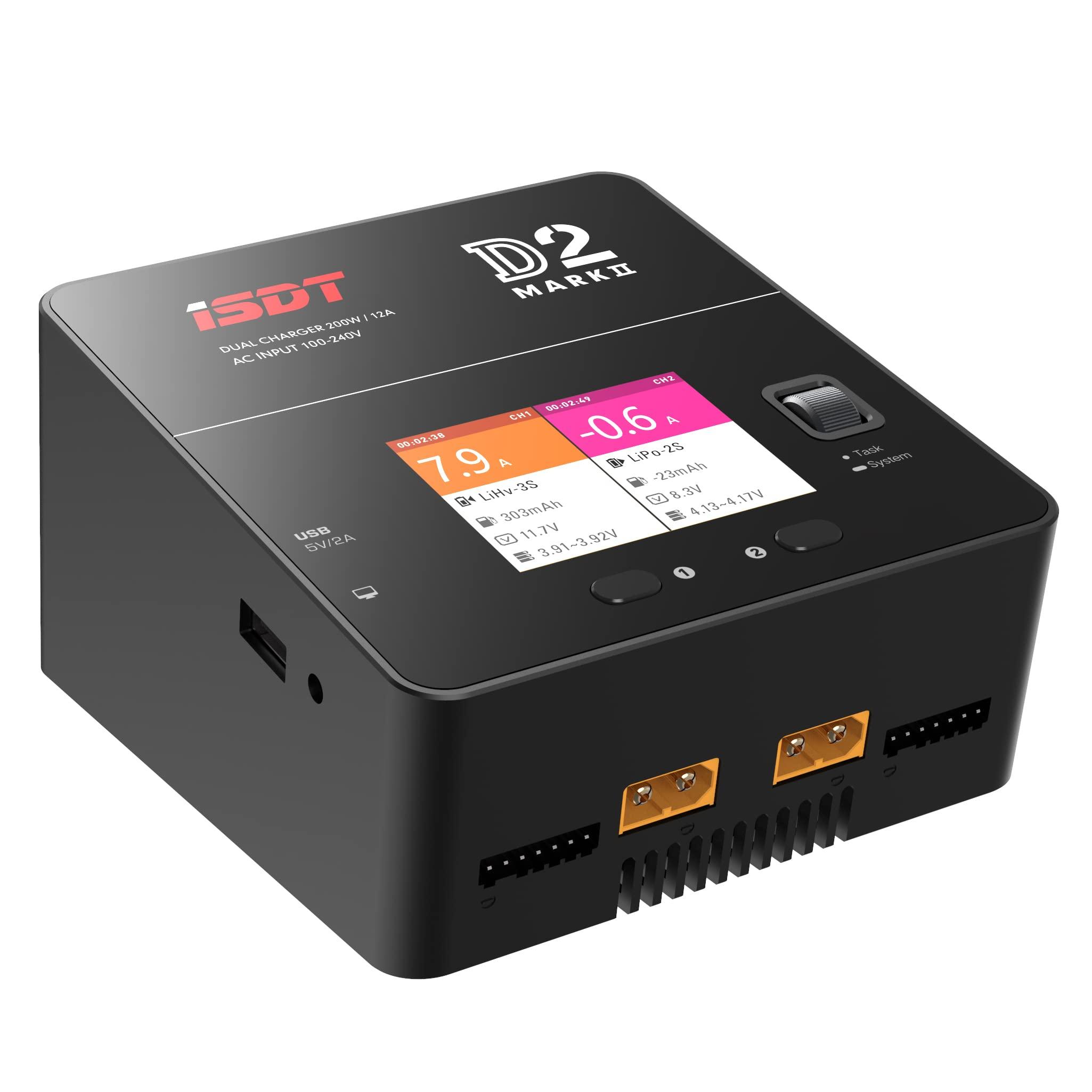 ISDT ISDT lipo Battery Charger D2 MK2 with AC 2x200W Dual Output Mode,Hobby Smart Lipo Charger Discharger for 1-6S Li-ion Life NiCd NiMH LiHV PB Smart Battery