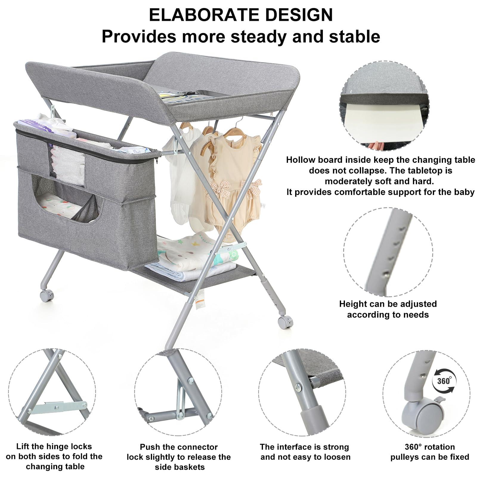 HopeNest Portable Baby Changing Station with Adjustable Height - Foldable Diaper Table with Wheels,Waterproof Pad, Safety Belt & Large Storage Racks, Ideal for Newborn and Infants (Light Grey)