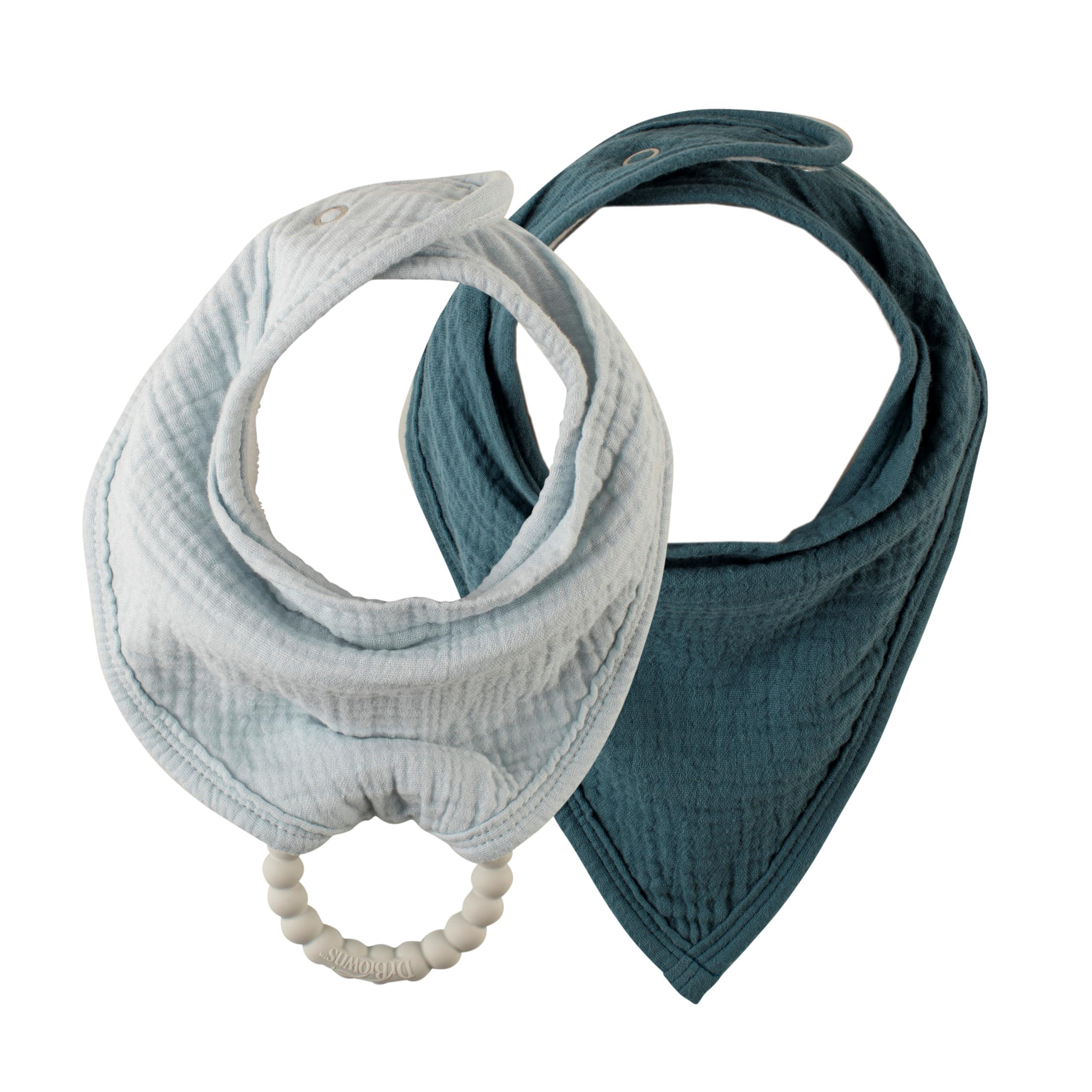 Dr. Brown\'s Dr. Brown's Muslin Bandana Bibs with Snap-On Removable Beaded Teether, Cotton Baby Bib for Teething & Drooling, Light Blue/Teal, 3m+, 2 Pack