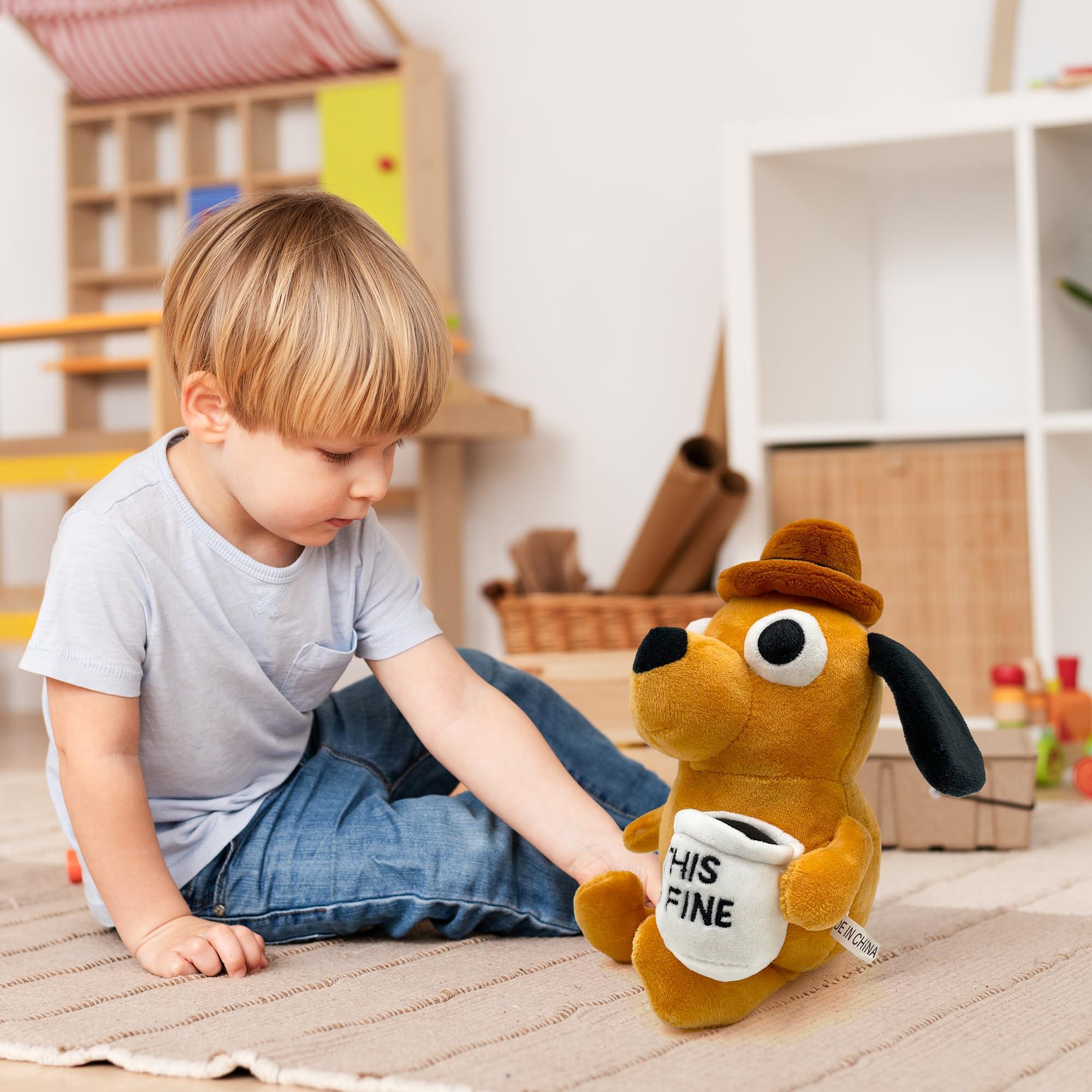 Adenzai Adenzai This is Fine Dog Plushie | Funny Coffee Dog Meme Plush | Hilarious Office Decor & Stuffed Animal Toy | Perfect for Xmas, Birthday, or Office Worker Gifts