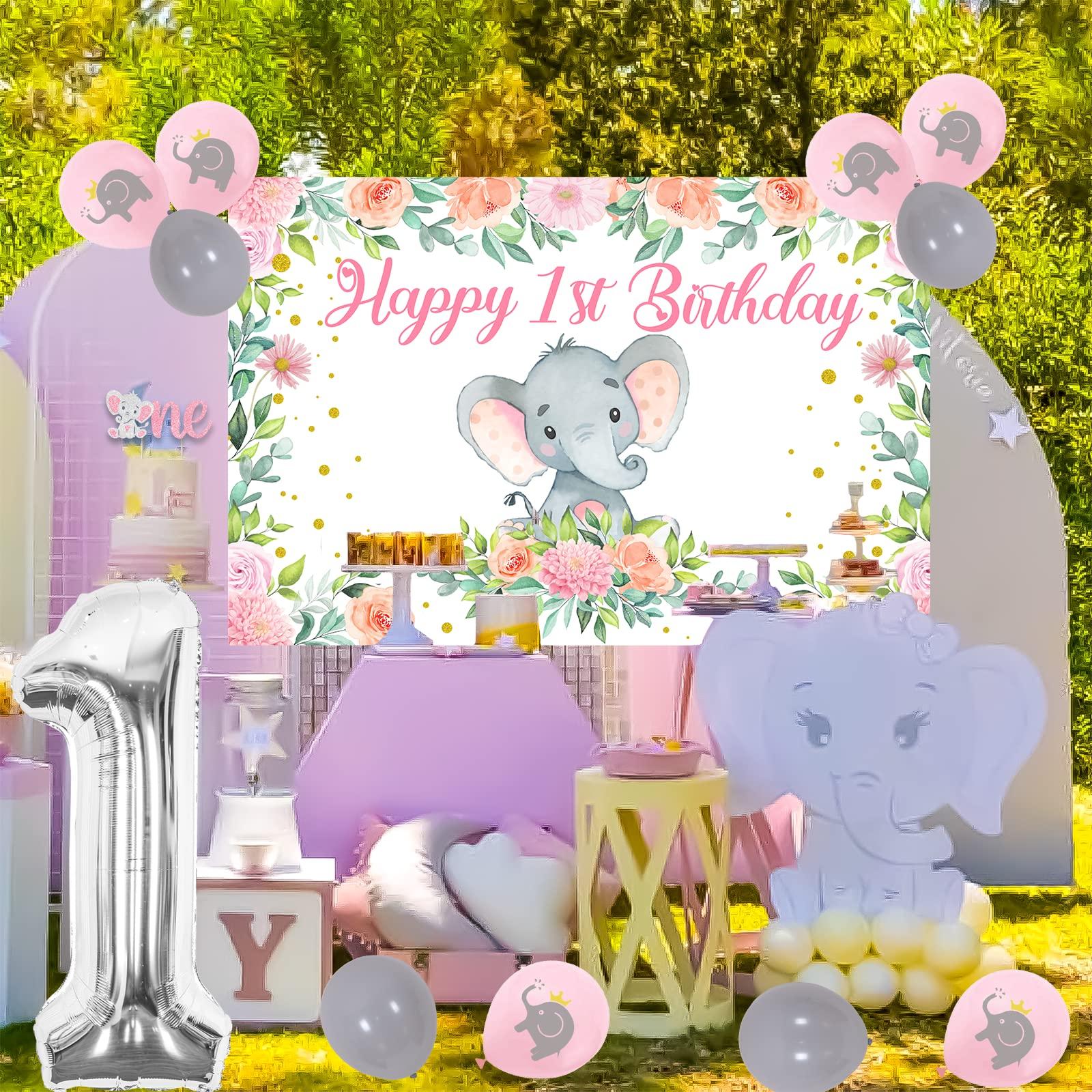Funmemoir Elephant 1st Birthday Party Decorations Girl - Happy 1st Birthday Backdrop, Elephant One Cake Topper, Cupcake Toppers, Balloons, Pink Elephant Theme First Birthday Party Supplies