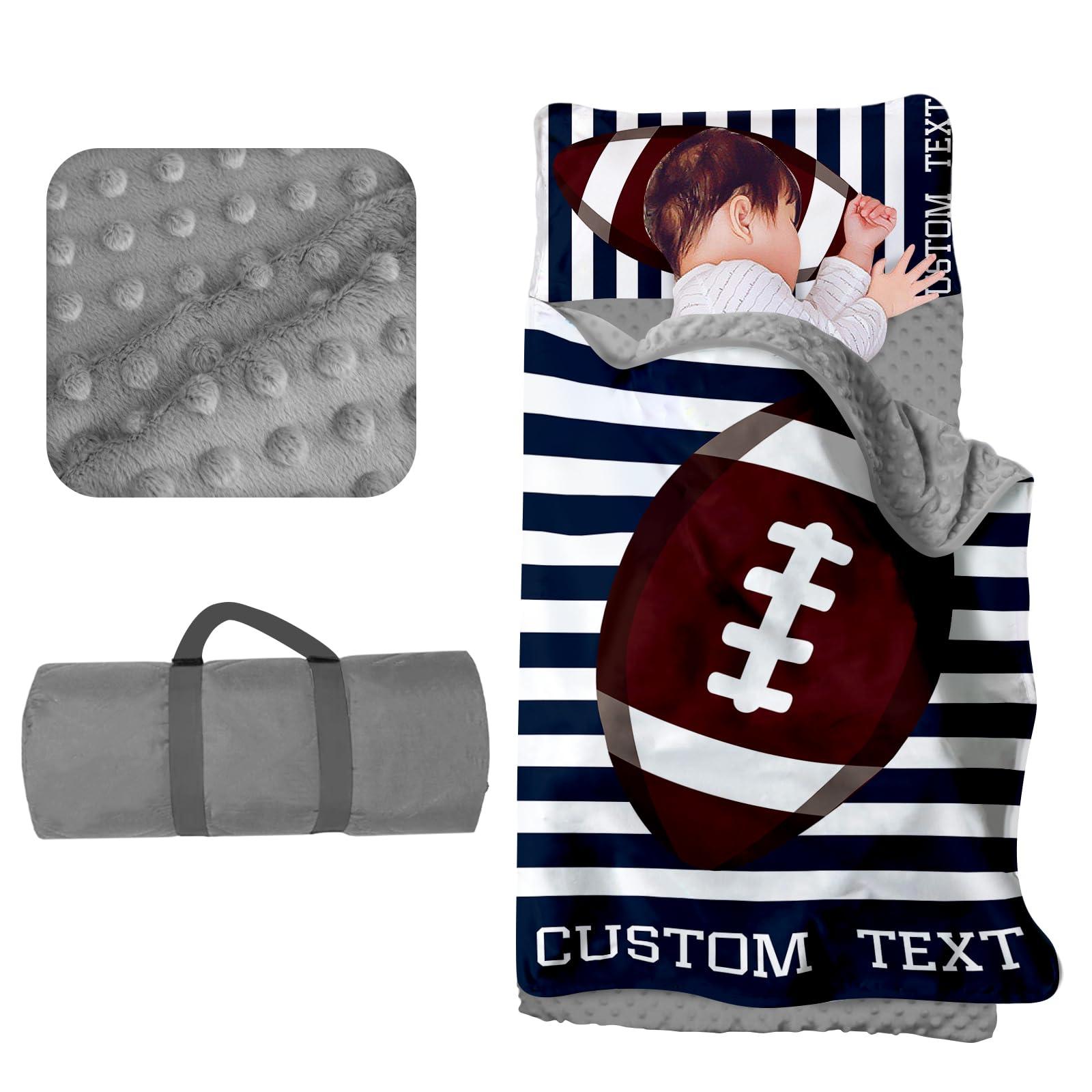 Evulum Custom Toddler Nap Mat for Daycare Sleeping Bag for Boys, Kids Nap Mats with Pillow Blanket for Preschool Kindergarten, Personalized Name Easy Carry Nap Sack Navy Stripe Football