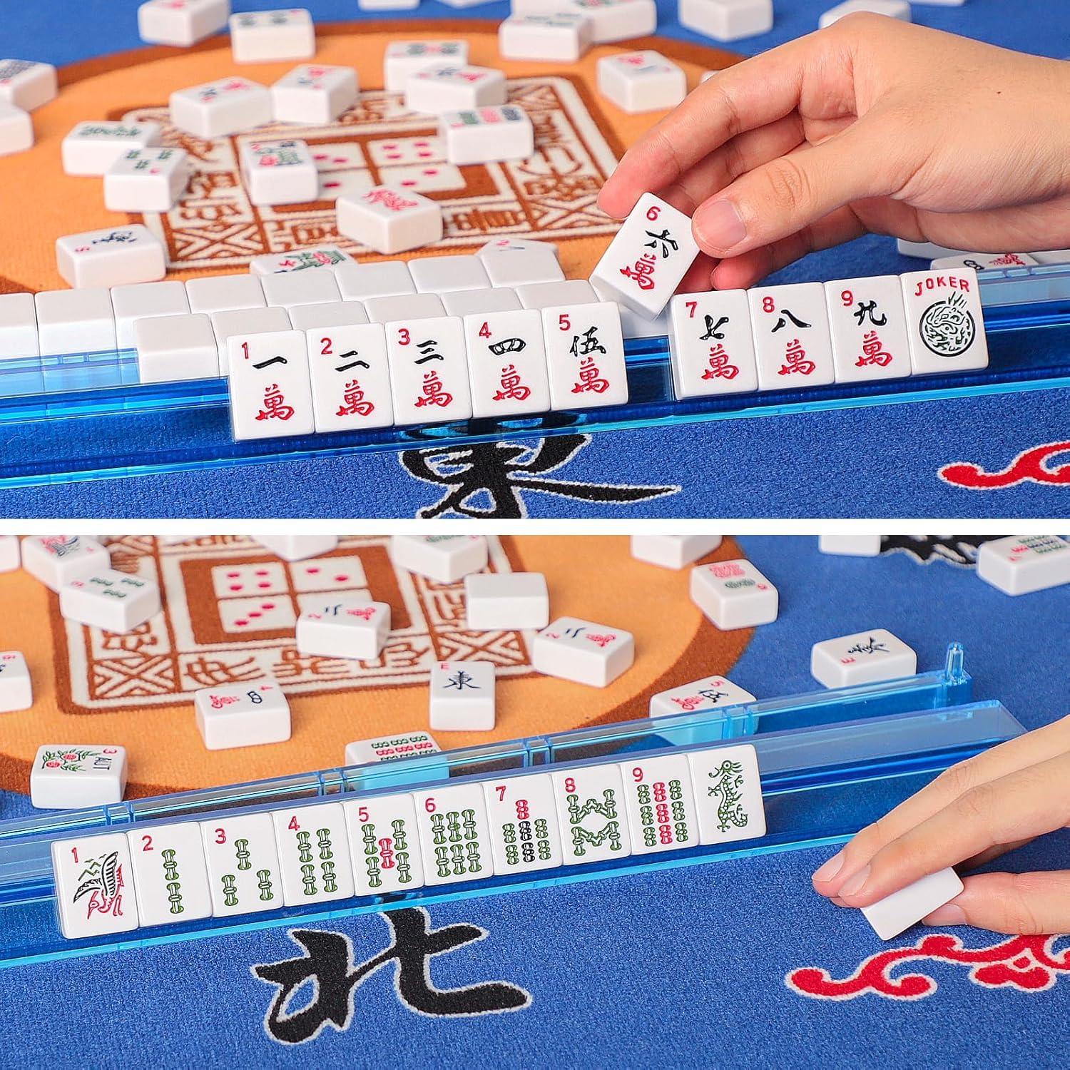 GUSTARIA GUSTARIA American Mahjong Game Set, 166 Premium White Tiles, 4 All-in-One Color Rack/Pushers, Complete Mahjongg Set Blue Carrying Bag, with Protective Sleeve for Mahjong Racks and Pushers