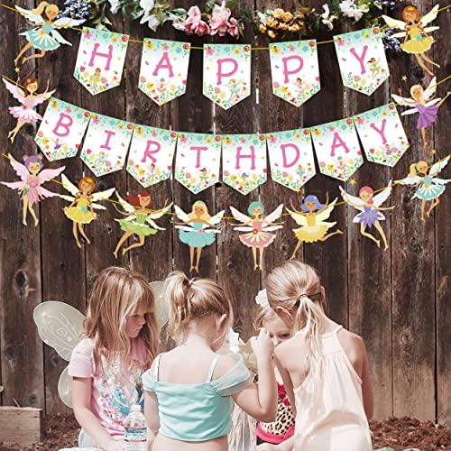 iPartyFun Fairy Birthday Party Decoration Flower Fairies Girls Birthday Banner Fairy Hanging Decoration Colorful Happy Birthday banner Fairy Party Favors Fairy Garden Decoration for Fairy Theme Birthday Party