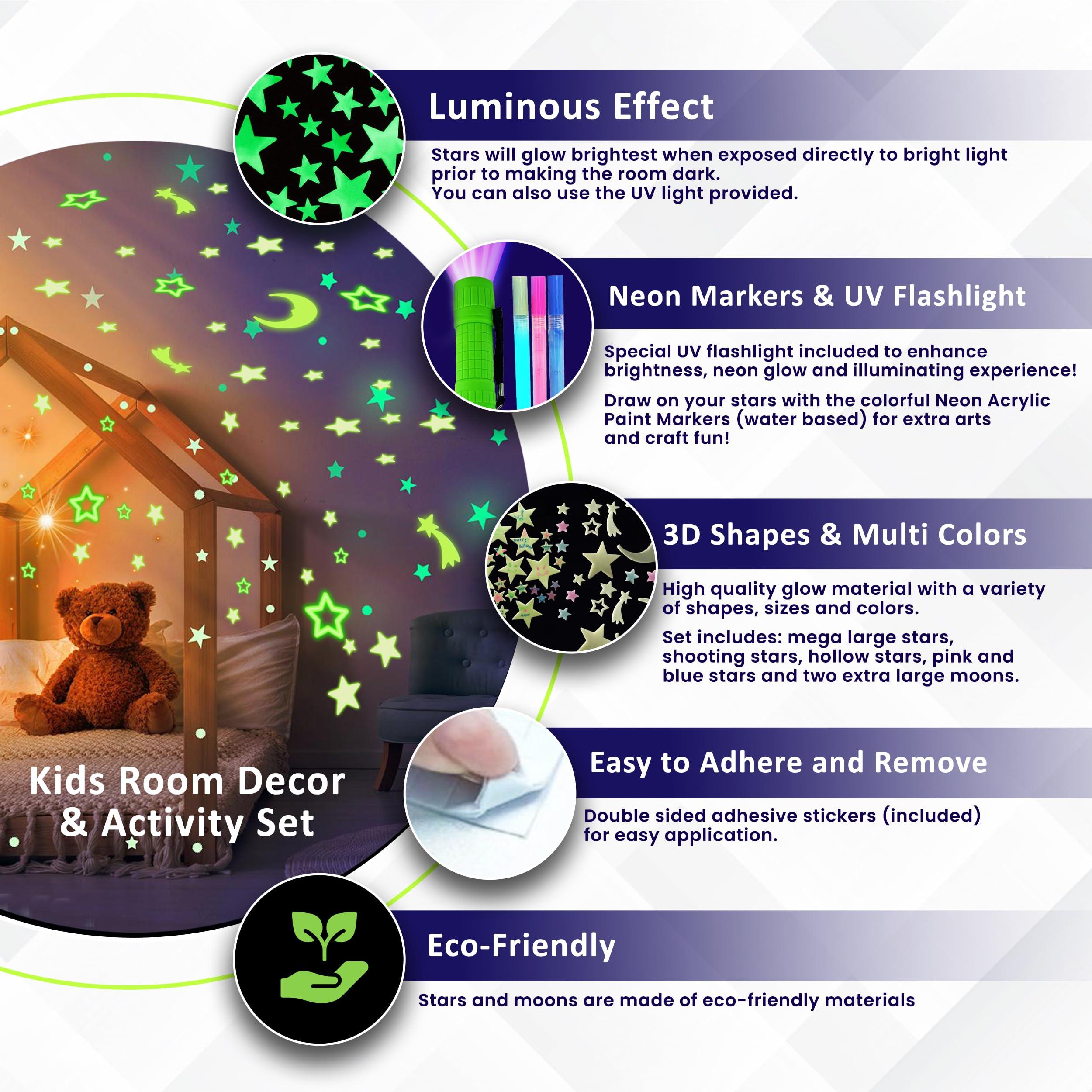 Birth Core Glow in The Dark Stars for Ceiling, Kids Room Decor, 3-in-1 Set, UV Flashlight Blacklight, Neon Glow Markers, Arts and Crafts for Kids, Glow in The Dark Stickers, Wall Decor. 200 Stars and Moon