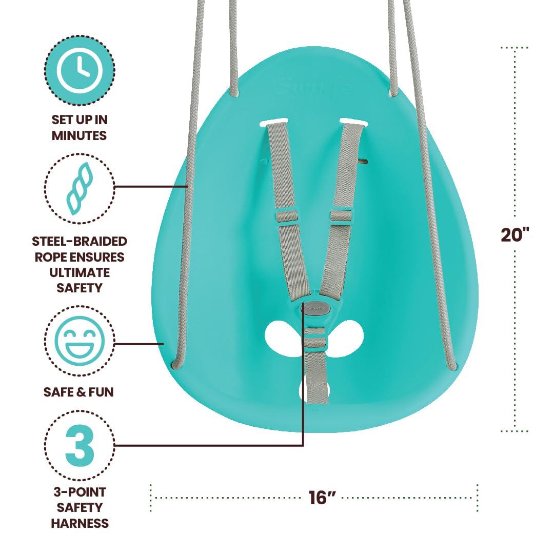 Swurfer Swurfer Coconut Toddler Swing Comfy Baby Swing Outdoor, 3- Point Adjustable Safety Harness, Secure, Safe Quick Click Locking System, Blister-Free Rope, Easy Installation, Teal