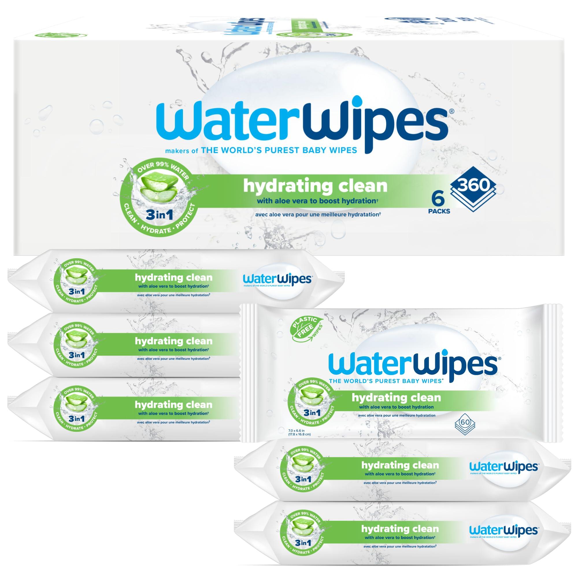 WaterWipes WaterWipes Hydrating Clean Baby Wipes, 99% Water-Based Formula with Aloe Vera to Hydrate & Clean Skin, Unscented & Hypoallergenic, 360 Count (6 Packs)