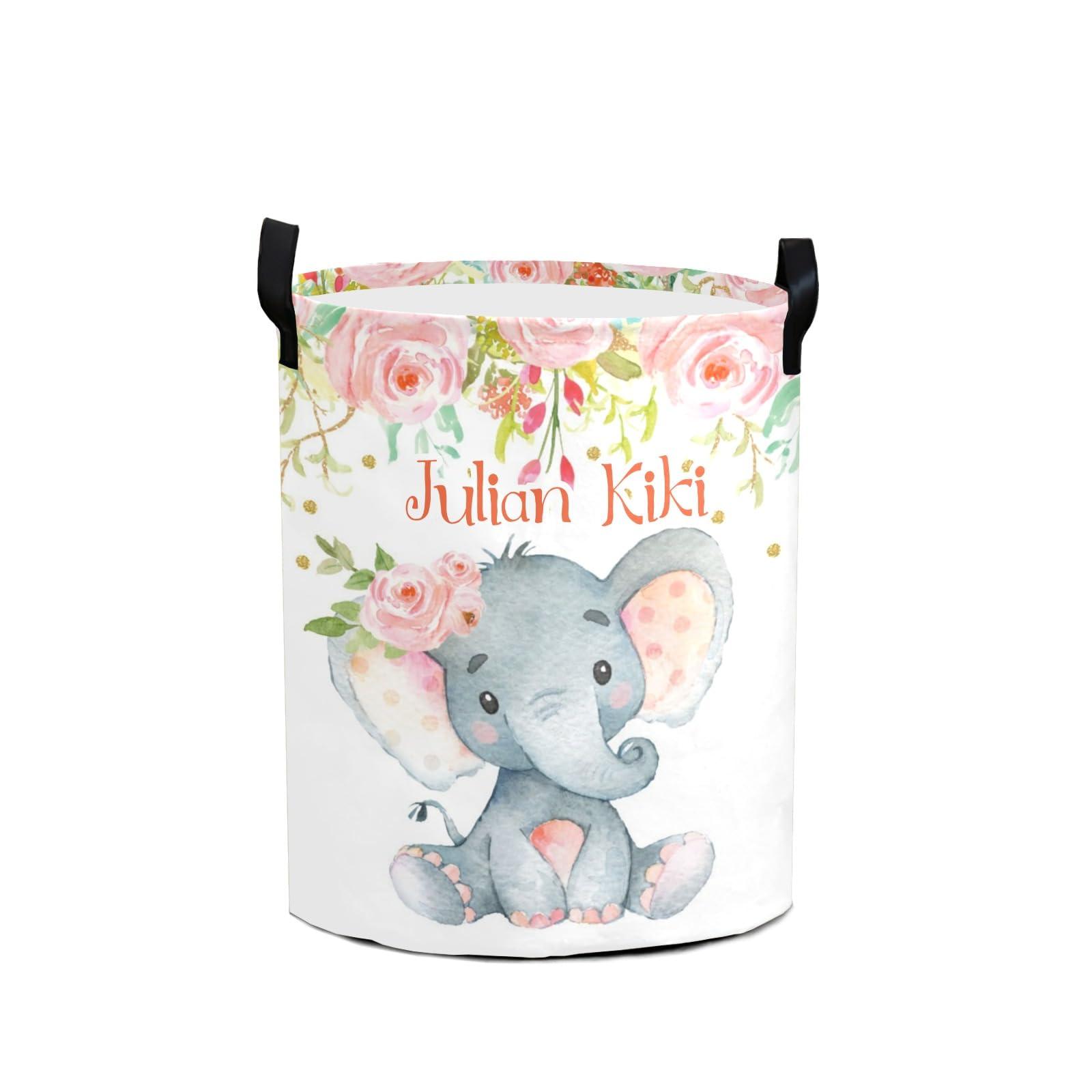 Joyestore Pink Flower Elephant Personalized Laundry Basket,Custom Name Collapsible Waterproof Laundry Hamper Storage Bins with Handle for Clothes,Toys Nursery