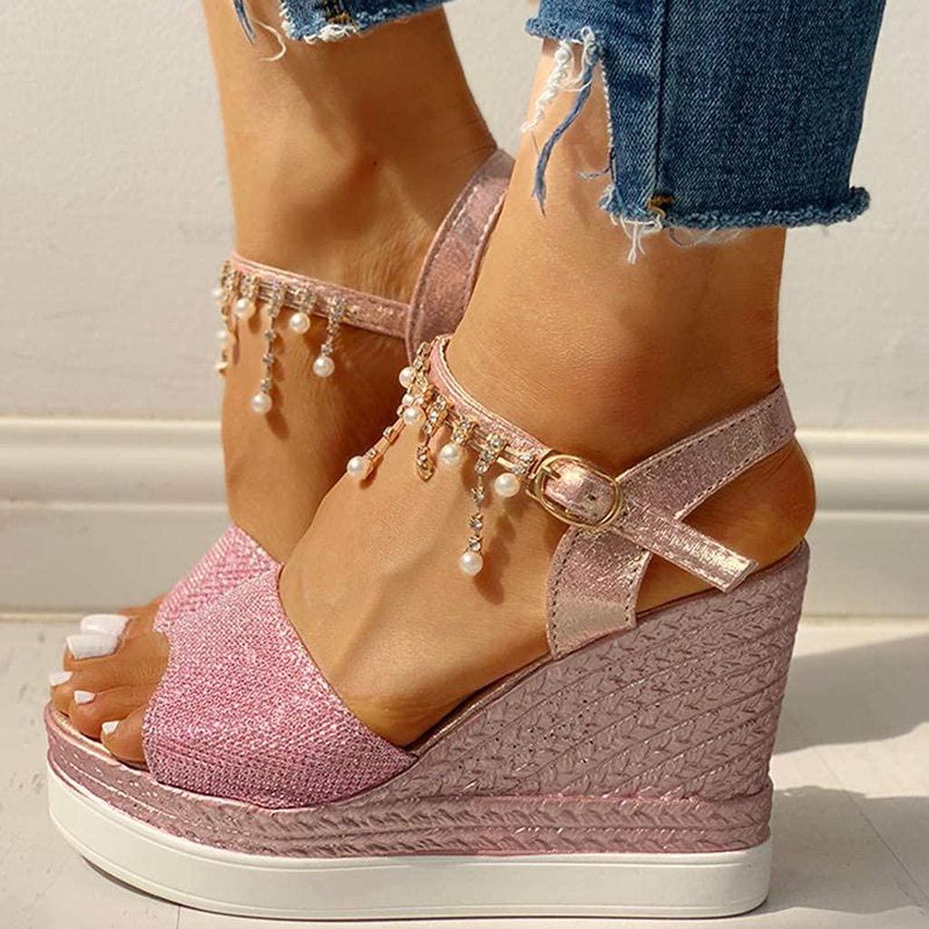ZBYY ZBYY Women's Wedge Platform Sandal,Summer Dressy with Pearl Open Toe Platform Sandals Ankle Strap High Heels Sandals
