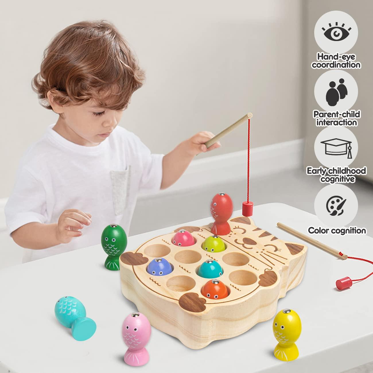 NAODONGLI Magnetic Fishing Game,Wooden Montessori Magnetic Fishing Toys for Toddlers,Preschool Education Learning Hand-Eye Cognition & Fine Motor Skill Birthday Gifts for 3 4 5 Years Old Kids Boys Girls