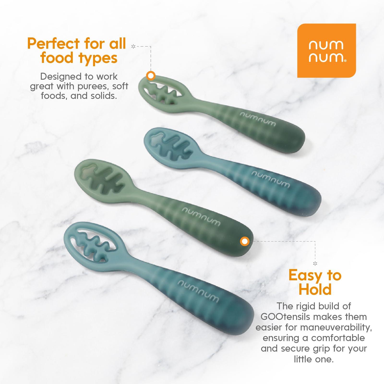 NumNum NumNum Baby Spoons Set, Baby Essentials Pre-Spoon GOOtensils for 6+ Months, First Stage Self-Feeding Spoons for Baby Led Weaning (BLW), Silicone Toddler Utensils, BPA-Free, 4 Pack Blue
