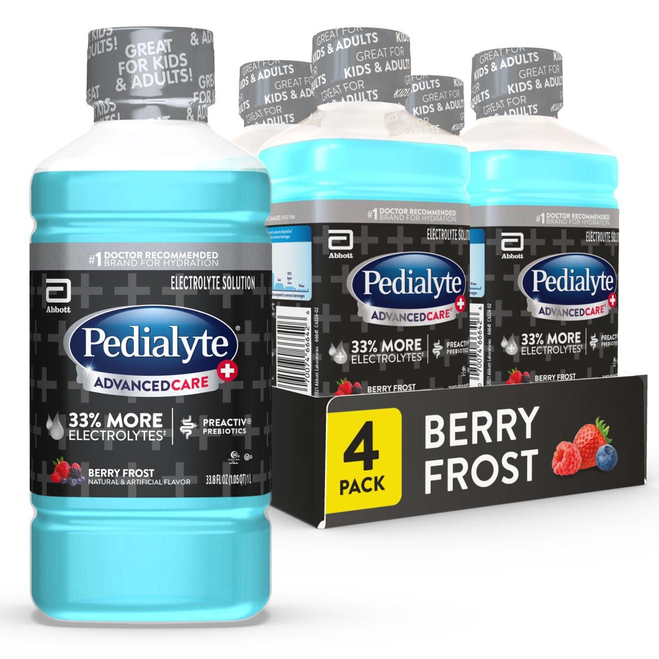 Pedialyte Pedialyte Advancedcare Plus Electrolyte Drink, 1 Liter, 4 Count, with 33% More electrolytes & Has Preactiv Prebiotics, Berry Frost, 33.8 Fl Oz (Pack of 4)