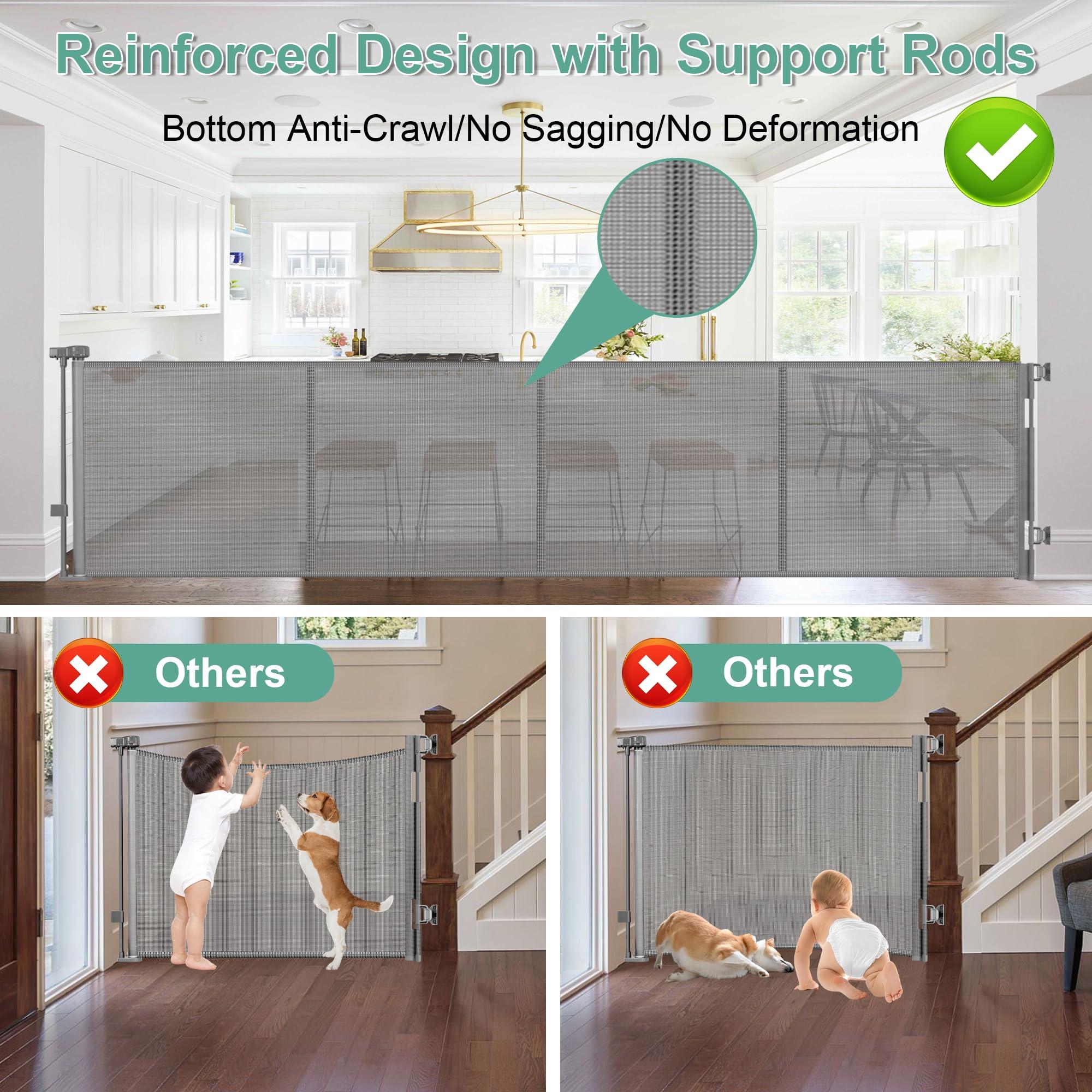 Stcockis Reinforced 195 Inch Extra Wide Baby Gate Retractable Dog Fence with Support Rods Prevent Crawling Under, 16 Foot Retractable Baby Gates Retractable Dog Gate Outdoor/Indoor Extra Long Baby Gate, Gray
