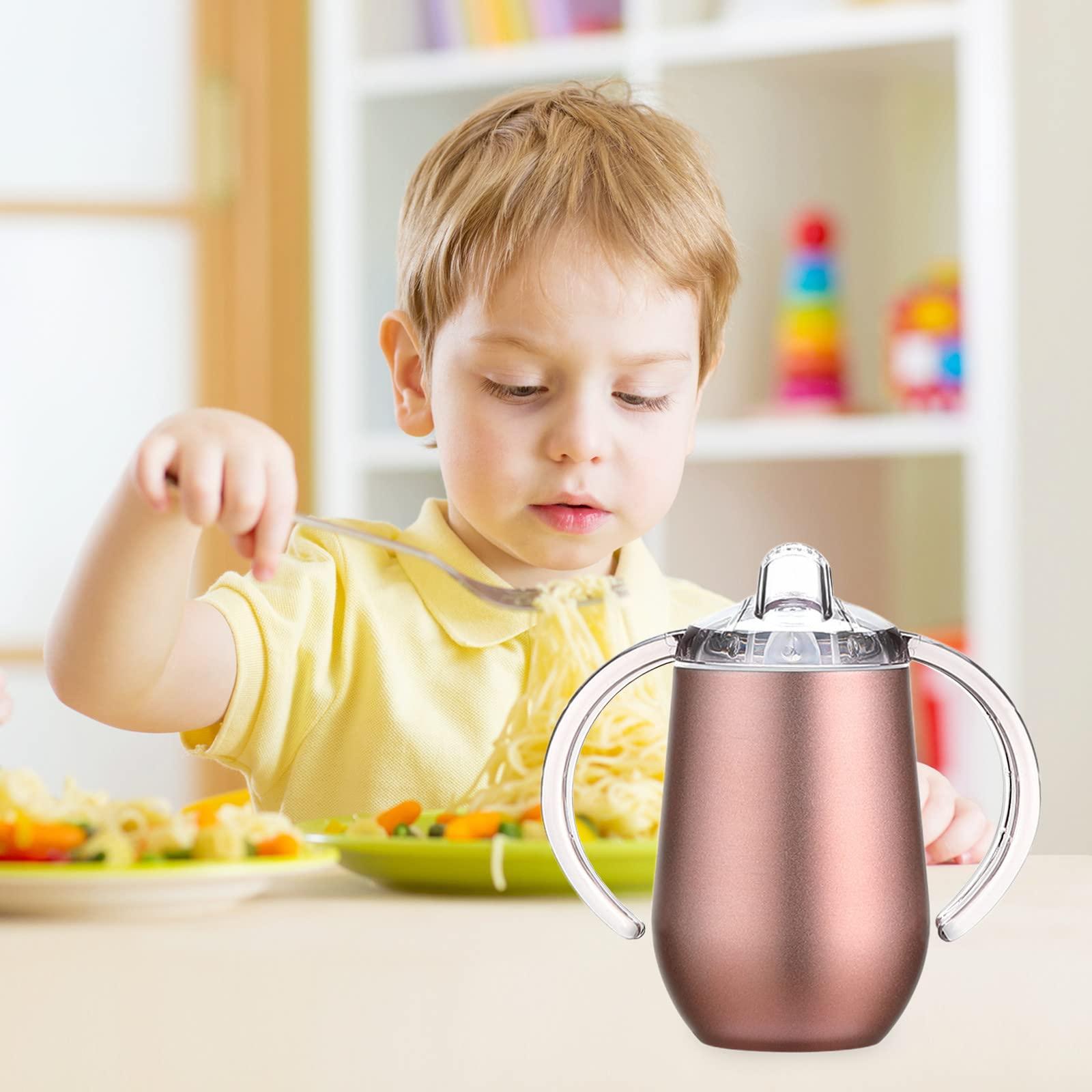 Buumin Stainless Steel Straw Sippy Cup with Handles & Silicone Lids,10 oz BPA Free Double Wall Vacuum Insulated Sippy Cup Mug Tumbler Toddler Straw Cups for boys and girls Non-Spill Sippy Cups (Rose Gold)