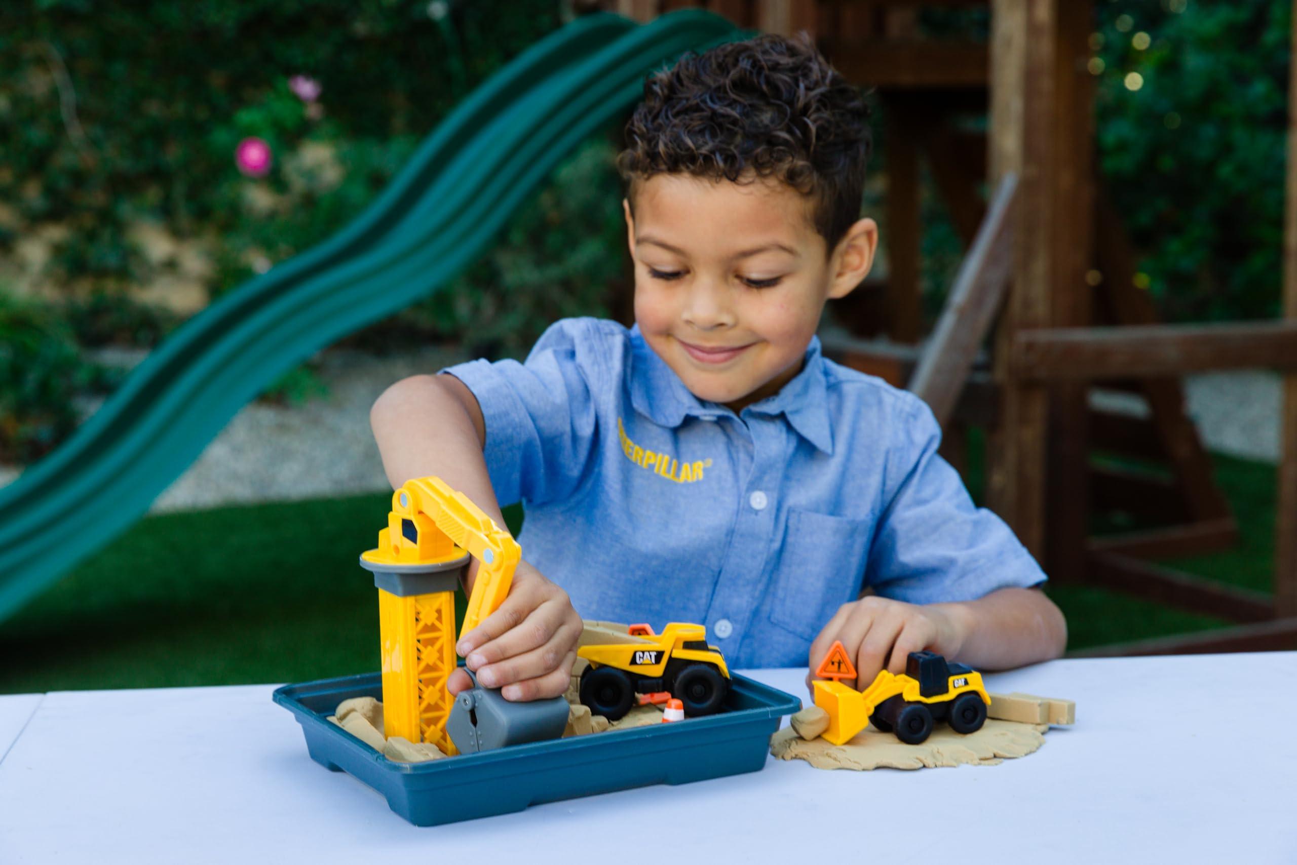 CAT CAT Construction Toys, Dig N\' Build Dirt Playset with 12 OZ of Compound - Includes 2 Little Machine Vehicles, Crane, and Storage Container.