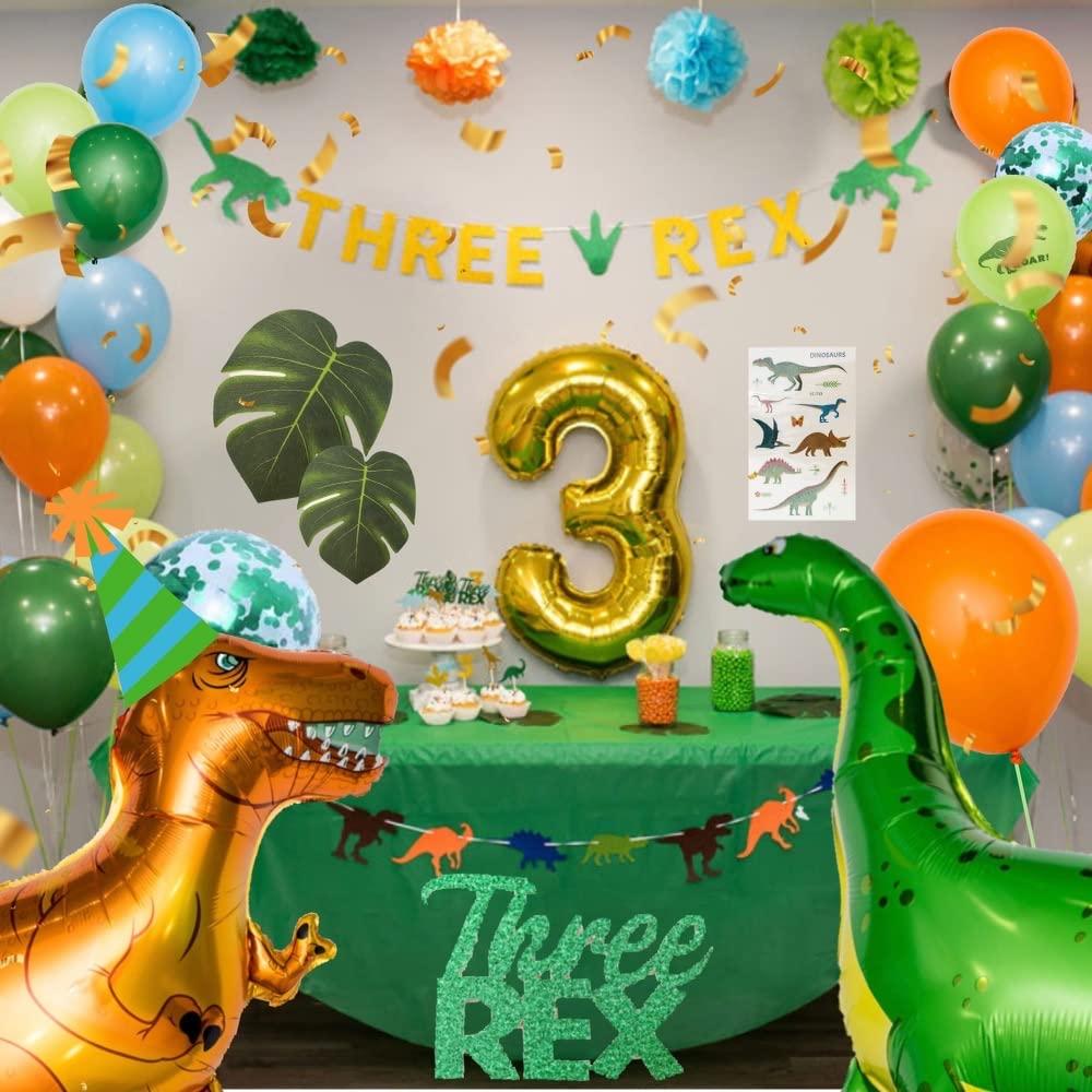 Abby and Steph Three Rex Birthday Party Decorations - 3 rex birthday decorations boys w/ 2 dinosaur birthday banner - 3rd birthday decorations for boys - three rex birthday party decorations boy - three rex balloons