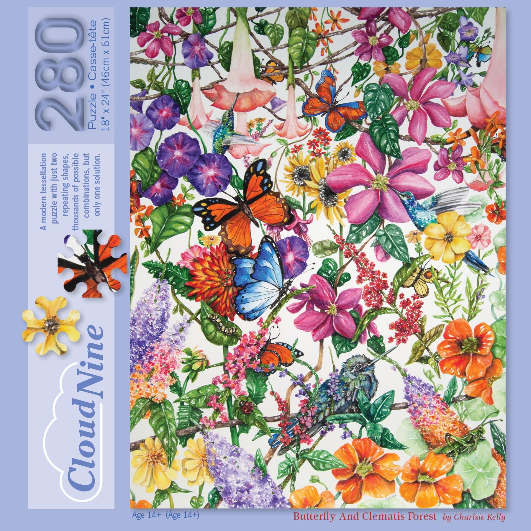 Bits and Pieces Bits and Pieces - 280 Piece Jigsaw Puzzle for Adults - 18\" x 24\" - \'Butterfly and Clematis Forest\' - 280 pc Large Piece Colorful Flowers Unique Puzzle Challenging Tessellation Jigsaw by Charlsie Kelly