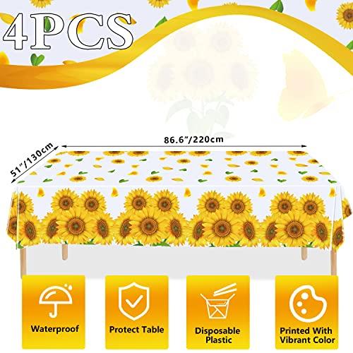 Dvaorc 4 Pack Sunflower Tablecloth 51 x 86 Inch Plastic Rustic Sunflower Tablecloth Sunflower Party Tablecloth Sunflower Birthday Party Table Cloth Sunflower Table Covers for Indoor Outdoor Party Decorations