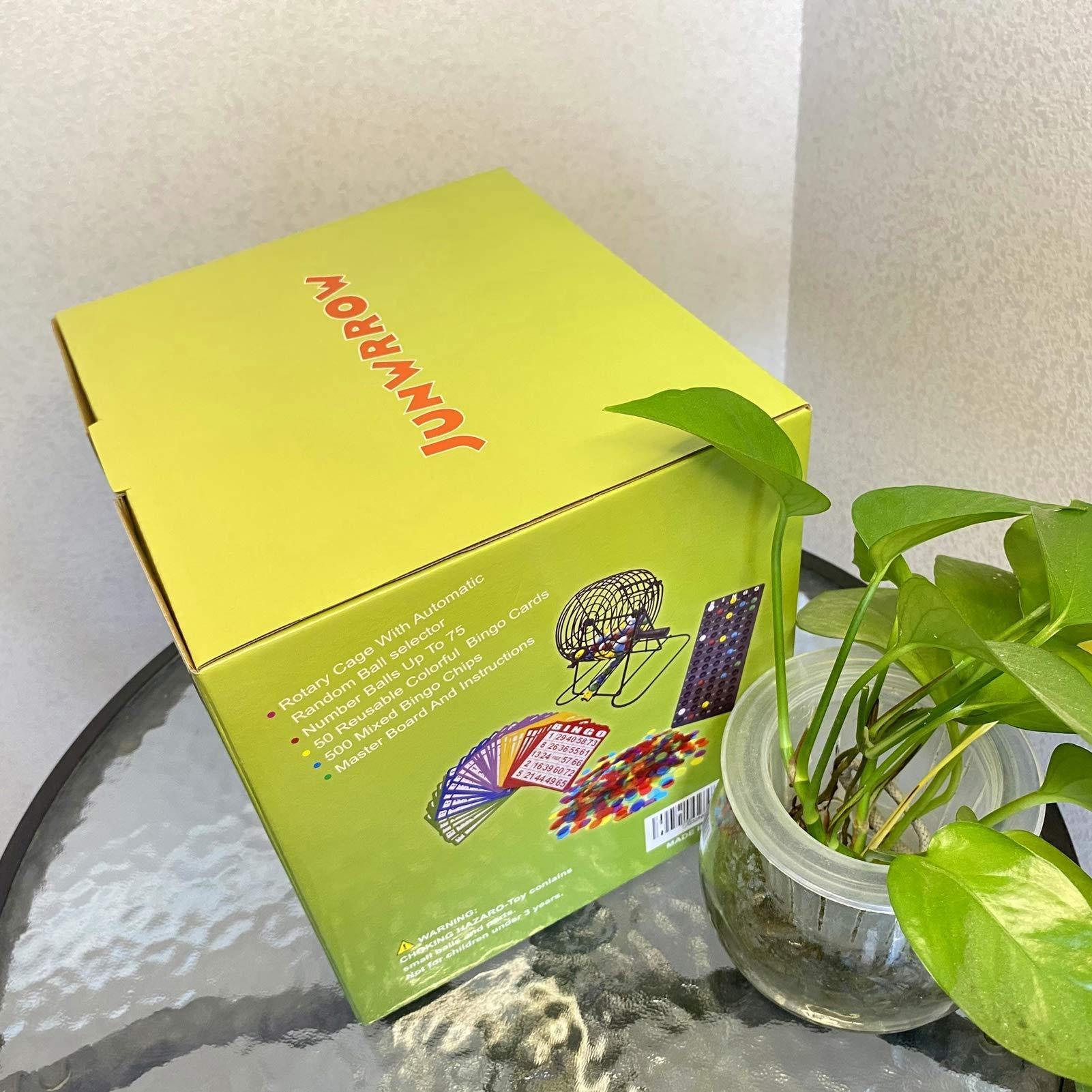 JUNWRROW JUNWRROW Deluxe Bingo Game Set with 6 Inch Cage, Master Board,75 Colored Balls a Bag, 50 Cards, and 500 Color Mix Chips Ideal for Large Groups