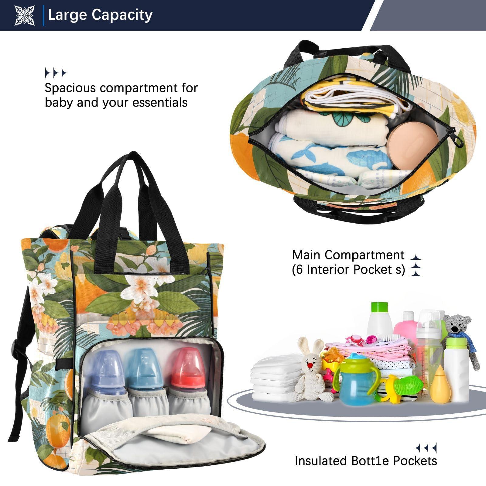 SPRIPORT SPRIPORT Orange White Flowers Diaper Bag Backpack for Baby Boys Girls Travel Tote with Stroller Straps & Bottle Storage Maternity Baby Changing Bags for Moms Dads Baby Shower Gifts Traveling Shopping