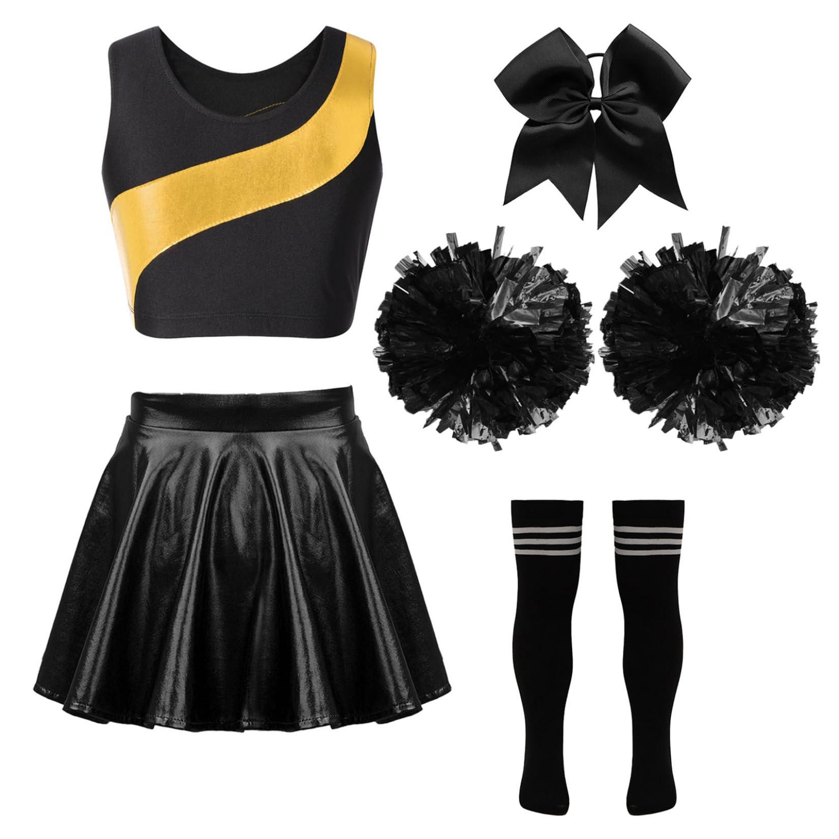 Jowowha Jowowha Kids Girls Shiny Cheerleading Dance Dress for Cheer Leader Performance Costume for Halloween Cosplay Party Outfits A Gold&Black 6 Years