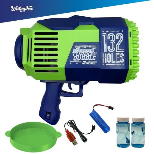 Waterwow Turbo Bubble 132 Holes Bubble Machine Gun Toy for Kids with Liquid Solution and Colorful Light Up Effects, Birthday Party and Summer Fun Outdoor Play, Gift for Boys and Girls, Blue Green