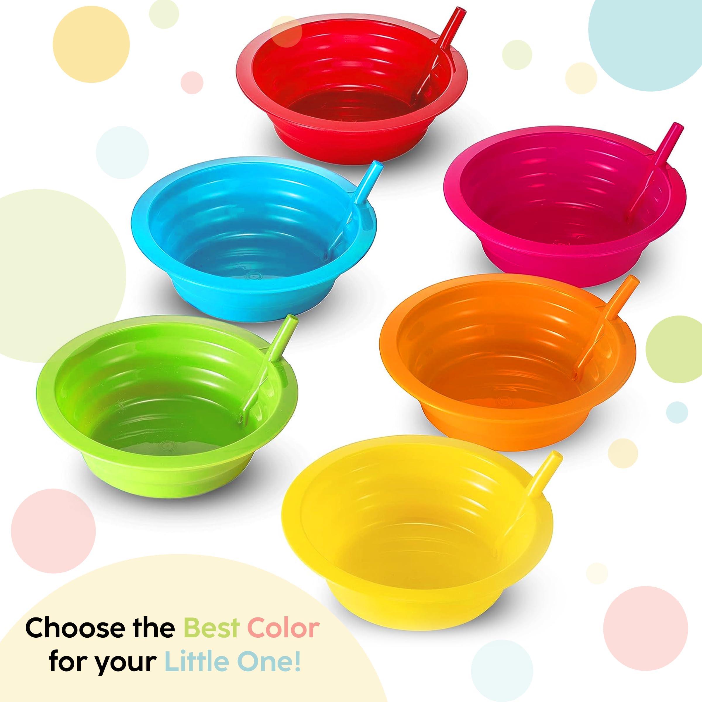PLASKIDY PLASKIDY Kids Cereal Bowls with Straws - Set of 6 Plastic Bowl with Straw For kids BPA Free Dishwasher and Microwave Safe - 22 Oz Toddlers Bowls with Built-In Straws Includes 3 Cleaning Brushes