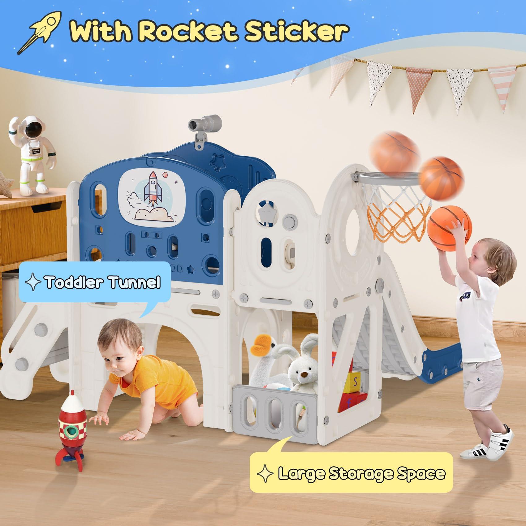 BIERUM BIERUM 10 in 1 Toddler Slide, Astronaut Themed Baby Slide for Toddlers Aged 1-3, with Astronaut Design, Phone Call Design and Basketball Hoop, Toddler Playset Toddler Playground Blue Gray