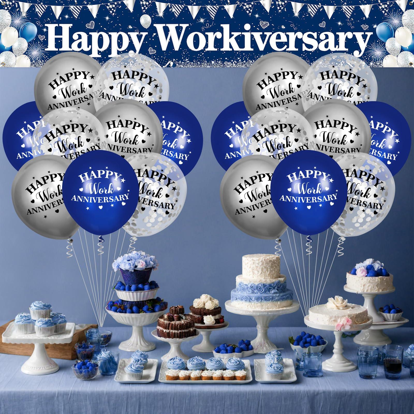 Yoirrat Happy Work Anniversary Decorations Banner Blue Happy Workiversary Banner Yard Sign with 18 Pcs Balloons for Office Anniversary Party Decoration Employee Appreciation Banner Office Party Supplies