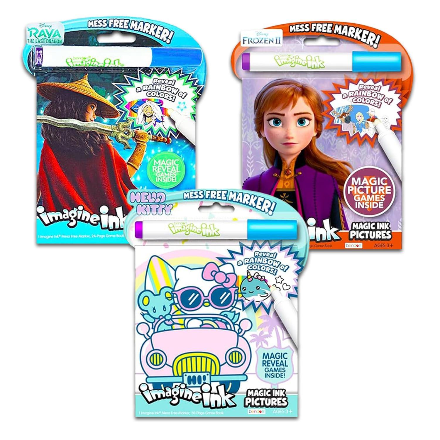 Bendon Hello Kitty, Frozen and Raya Mess-Free Coloring Set - Bundle 3 Magic Ink Drawing Books | Imagine Ink Bulk Kit with Invisible Ink Pens