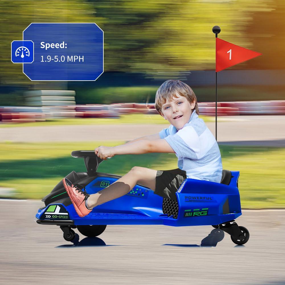 Nasitip 12V Kids Ride on Drift Car for Kids, 7ah 45W Motor Electric Drifting Go-Kart Up to 5 mph Variable Speed, Built-in Music,Colorful Tail LED Light,USB,Low-Power Alarm,Max Load 110lbs, Blue