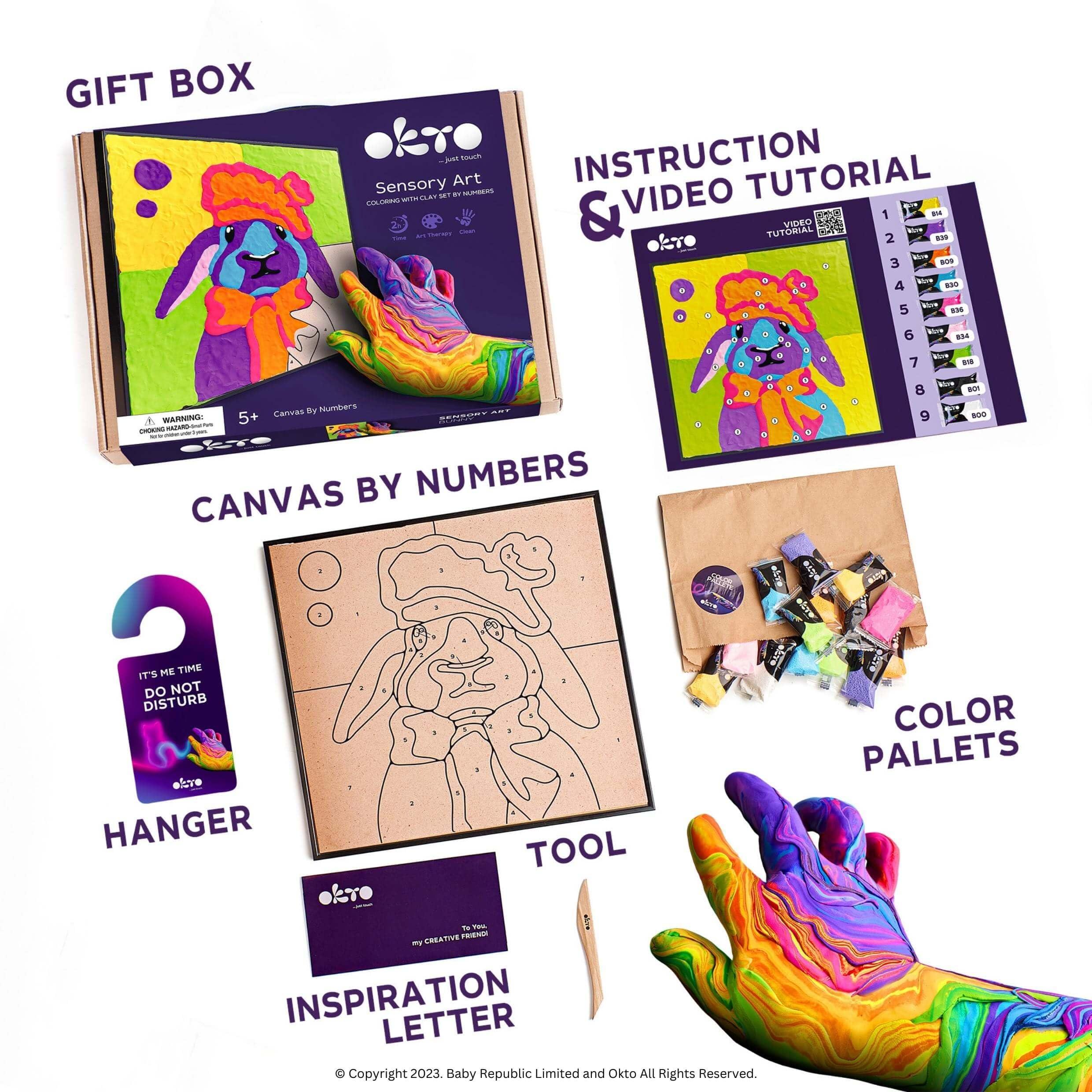 OKTO OKTO Paint by Numbers for Children - Kid\'s Paint by Numbers Kits with Air Dry Clay, Unique 2D Wall Art, Sensory Canvas Art, Bunny Themed, Framed Animal Art Kit for Age 5+