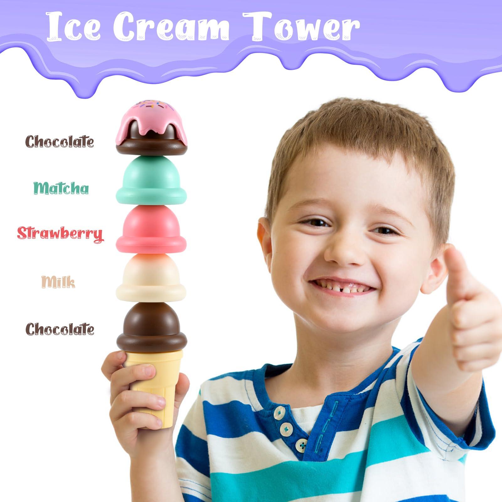 FRIEET Ice Cream Toys for Kids, Toddler Pretend Play Kitchen Food Accessories, Ice Cream Counter Playset, Pretend Food Toys for 3 4 5 6 Year Old Girls & Boys, Christmas Birthday Toys Gift for Kids