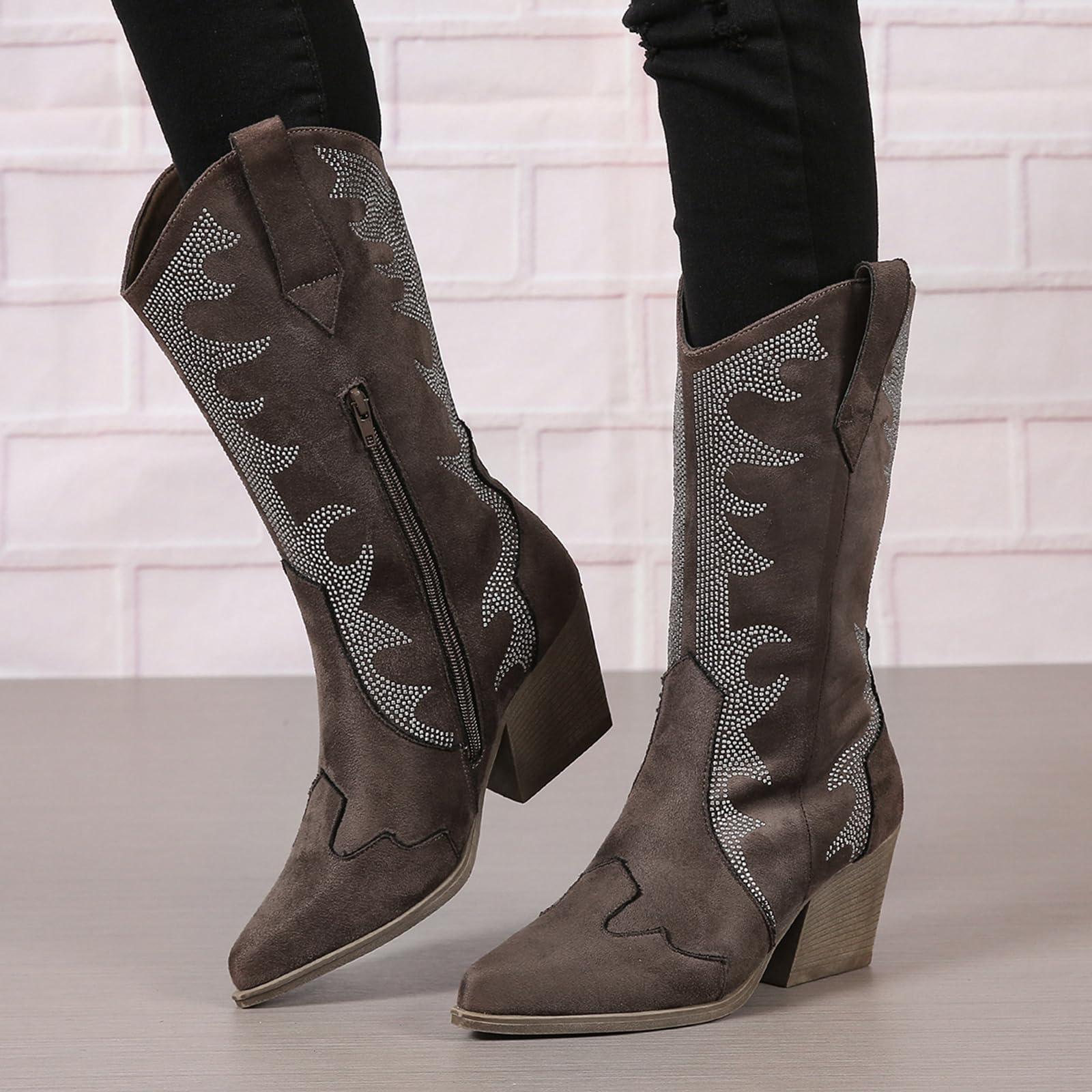 ZBYY ZBYY Women's Rhinestone Embroidered Western Cowboy Boots Mid Calf Chunky Heel Pull-Up Tabs Classic Cowgirl Boots